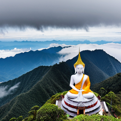 Home 23 **Mount Intanon Summit Panorama:** "A panoramic view from the summit of Doi Inthanon, Thailand's highest peak, showcasing the surrounding mountains and valleys shrouded in mist. Include the Buddhist shrines and temples on the summit, creating a spiritual and majestic scene."