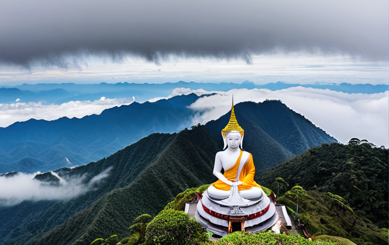 **Mount Intanon Summit Panorama:** "A panoramic view from the summit of Doi Inthanon, Thailand's highest peak, showcasing the surrounding mountains and valleys shrouded in mist. Include the Buddhist shrines and temples on the summit, creating a spiritual and majestic scene."