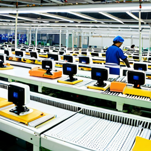 Home 22 **Prompt:** A bustling Thai factory floor, workers efficiently assembling electronics, with finished goods being packaged for global export. Conveyor belts, robotic arms, and quality control checkpoints are visible. The scene should convey a sense of modern manufacturing and global supply chain integration. The composition should be bright and showcase advanced technology.