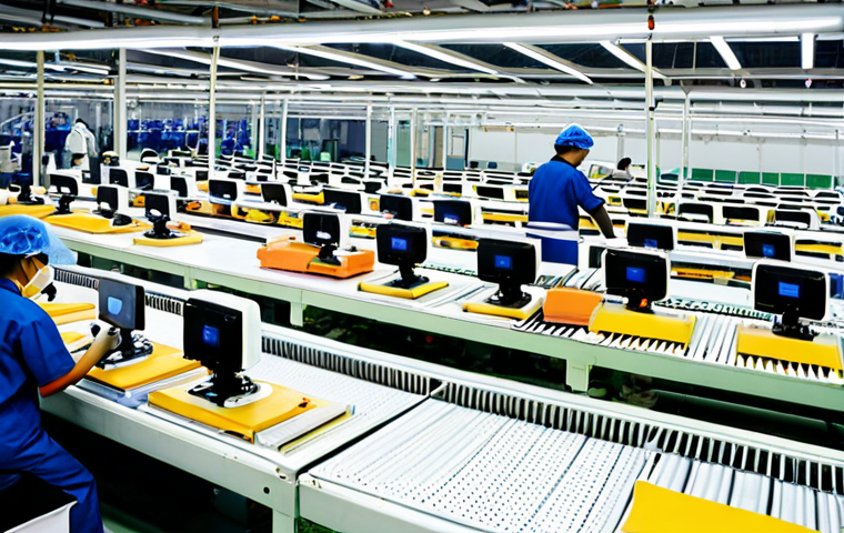 **Prompt:** A bustling Thai factory floor, workers efficiently assembling electronics, with finished goods being packaged for global export. Conveyor belts, robotic arms, and quality control checkpoints are visible. The scene should convey a sense of modern manufacturing and global supply chain integration. The composition should be bright and showcase advanced technology.