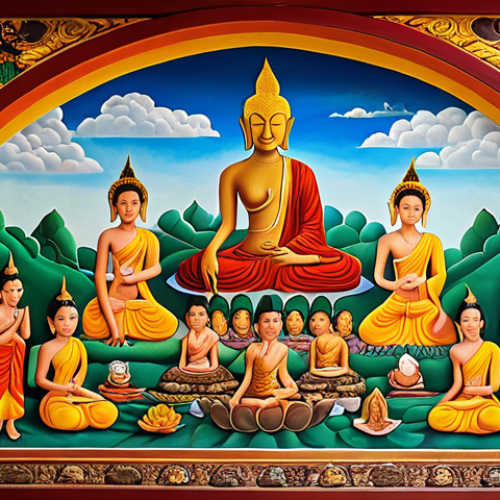 Home 9 **Prompt 1:** Vibrant Thai mural depicting scenes from Jataka tales with rich, deep reds, golden yellows, emerald greens, and sky blues. The artwork showcases the stories of Buddha's previous lives, emphasizing virtues like generosity, forgiveness, and patience. Use natural materials appearance, 3D effect, cultural symbols.