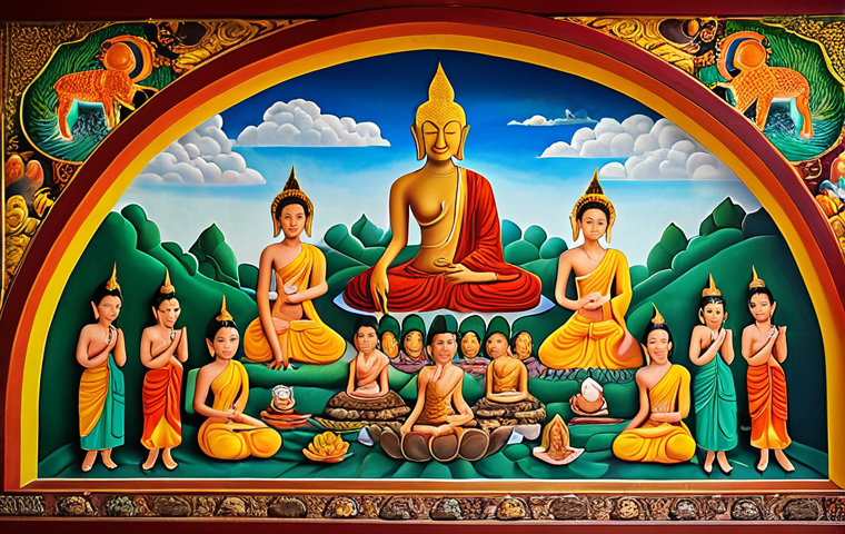**Prompt 1:** Vibrant Thai mural depicting scenes from Jataka tales with rich, deep reds, golden yellows, emerald greens, and sky blues. The artwork showcases the stories of Buddha's previous lives, emphasizing virtues like generosity, forgiveness, and patience. Use natural materials appearance, 3D effect, cultural symbols.