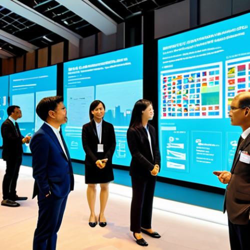 Home 25 A diverse group of international professionals, men and women, are fully clothed in modest, professional business attire, engaged in a collaborative discussion within a modern, spacious conference hall in Bangkok, Thailand. They stand around a large interactive display showcasing future-oriented data visualizations related to AI advancements and global sustainable development goals. The environment is bright and futuristic, with subtle touches of Thai design elements and natural light filtering through, creating an optimistic and forward-looking atmosphere. Perfect anatomy, correct proportions, natural pose, well-formed hands, proper finger count, natural body proportions, professional photography, high resolution, safe for work, appropriate content, family-friendly.