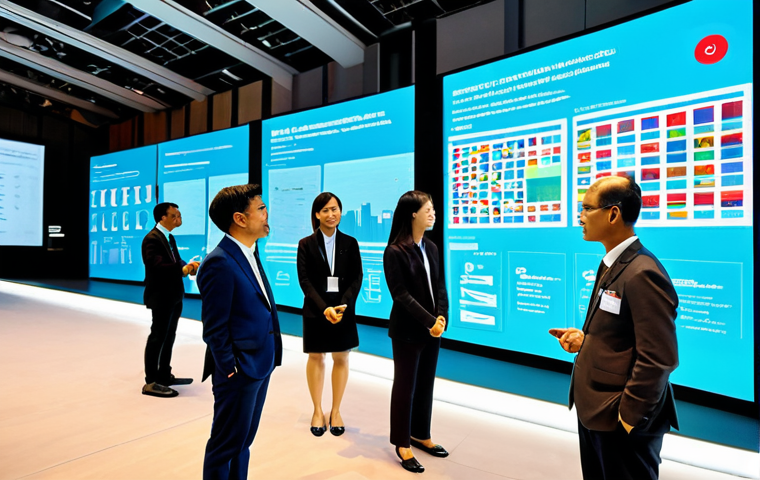 A diverse group of international professionals, men and women, are fully clothed in modest, professional business attire, engaged in a collaborative discussion within a modern, spacious conference hall in Bangkok, Thailand. They stand around a large interactive display showcasing future-oriented data visualizations related to AI advancements and global sustainable development goals. The environment is bright and futuristic, with subtle touches of Thai design elements and natural light filtering through, creating an optimistic and forward-looking atmosphere. Perfect anatomy, correct proportions, natural pose, well-formed hands, proper finger count, natural body proportions, professional photography, high resolution, safe for work, appropriate content, family-friendly.