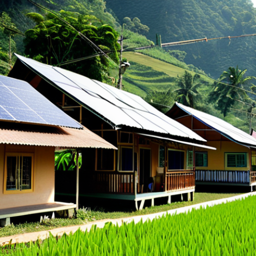 Home 9 Solar Hope in Thailand**
"A small Thai village nestled in a lush green valley, dotted with houses with solar panels on their roofs, fully clothed villagers smiling and using electricity to power lights and charge phones, appropriate attire, safe for work, perfect anatomy, natural proportions, professional photography, high quality, family-friendly."
**