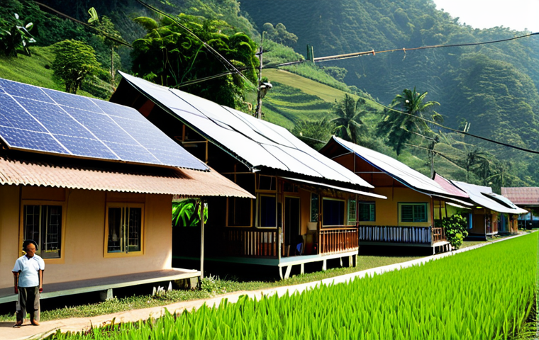 Solar Hope in Thailand**

"A small Thai village nestled in a lush green valley, dotted with houses with solar panels on their roofs, fully clothed villagers smiling and using electricity to power lights and charge phones, appropriate attire, safe for work, perfect anatomy, natural proportions, professional photography, high quality, family-friendly."

**