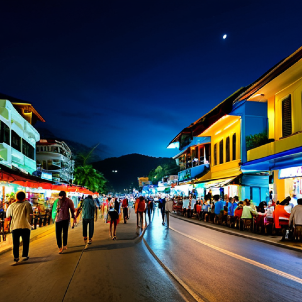 푸켓 휴양지 비교 - **
A vibrant night scene on Patong Beach, Phuket. Busy street with restaurants, cafes, and lively ni...