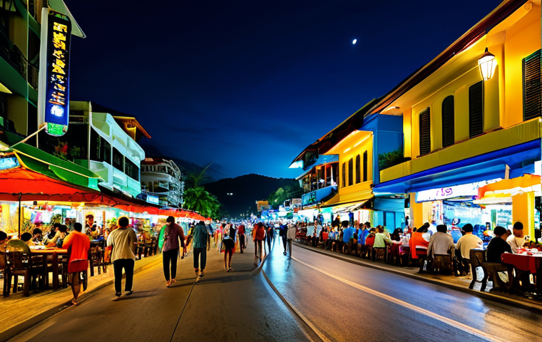푸켓 휴양지 비교 - **
A vibrant night scene on Patong Beach, Phuket. Busy street with restaurants, cafes, and lively ni...