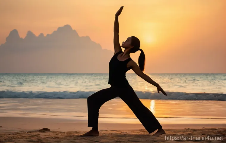 태국에서 요가 리트릿 - **A Serene Morning Yoga Session on a Thai Beach:**
    A person of ambiguous gender, dressed in comf...