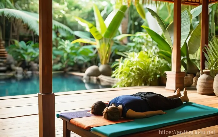 태국에서 요가 리트릿 - **Tranquil Meditation in a Traditional Thai Temple Setting:**
    A person, dressed in modest, loose...