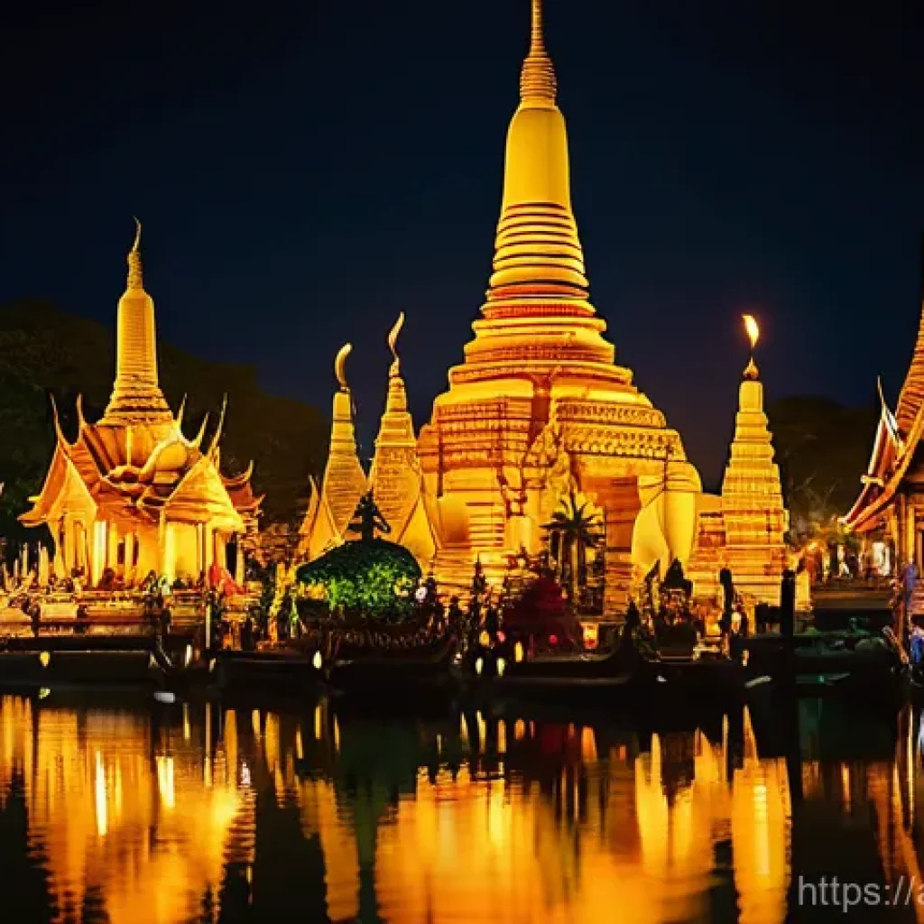 태국의 문화적 다변성 - **Prompt:** "A breathtaking view of a serene Thai temple complex at dusk, bathed in the soft, warm g...
