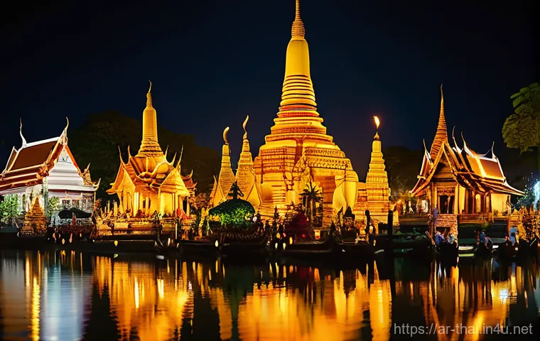 태국의 문화적 다변성 - **Prompt:** "A breathtaking view of a serene Thai temple complex at dusk, bathed in the soft, warm g...