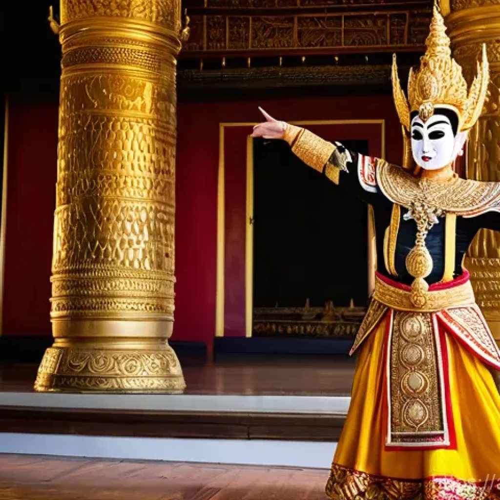 태국 전통 춤 종류 - **Prompt 1: Khon Royal Masked Drama**
    "A stunning, high-definition image of a majestic Khon danc...