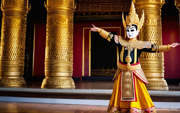 태국 전통 춤 종류 - **Prompt 1: Khon Royal Masked Drama**
"A stunning, high-definition image of a majestic Khon danc...