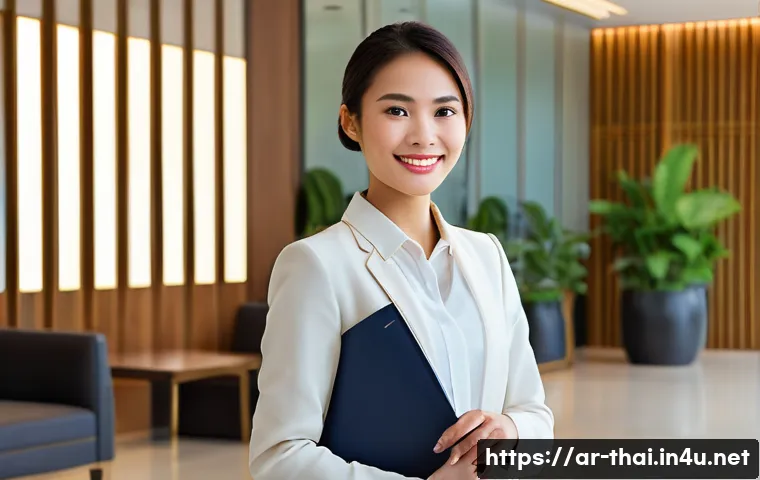 태국 법률 정보 - **Prompt: "A professional young woman, a foreign expat, dressed in a smart business casual outfit, s...