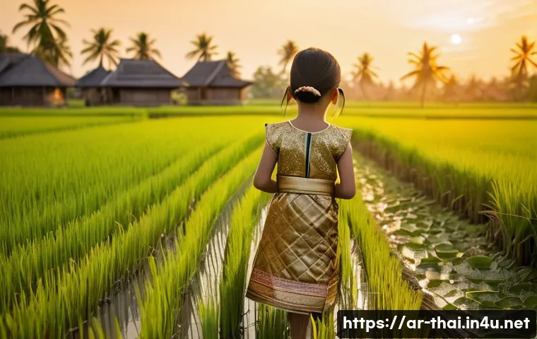 태국의 대중 교통 앱 - **Prompt:** A young Thai girl (8 years old) wearing a traditional Thai silk dress with intricate gol...