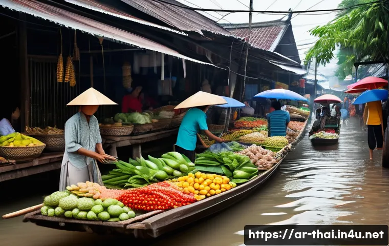 태국의 자연 재해와 대응 - **Prompt:** A vibrant, bustling traditional Thai street market during a period of heavy rainfall. Th...