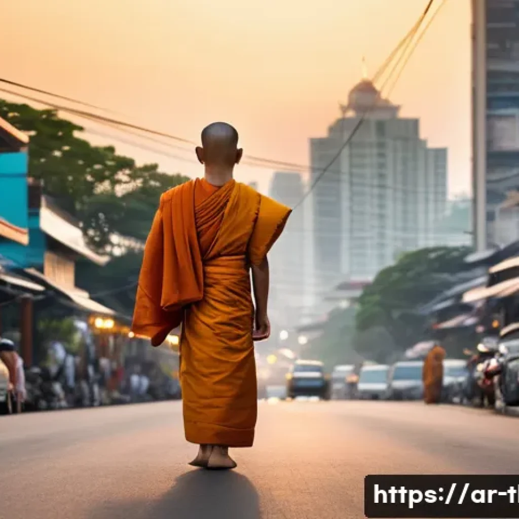 태국의 문화적 통합 사례 - **A serene and culturally rich scene capturing the spiritual essence of Thailand amidst urban modern...
