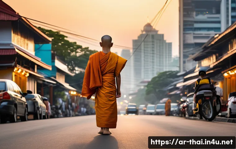 태국의 문화적 통합 사례 - **A serene and culturally rich scene capturing the spiritual essence of Thailand amidst urban modern...
