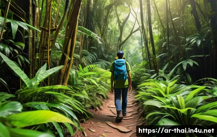 태국에서의 하이킹 루트 - A vibrant tropical rainforest trail in Thailand during the cool season, showcasing lush green foliag...
