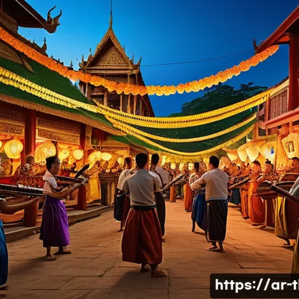태국의 전통 음악학 - A vibrant scene of a traditional Thai music festival in a local village, featuring musicians playing...