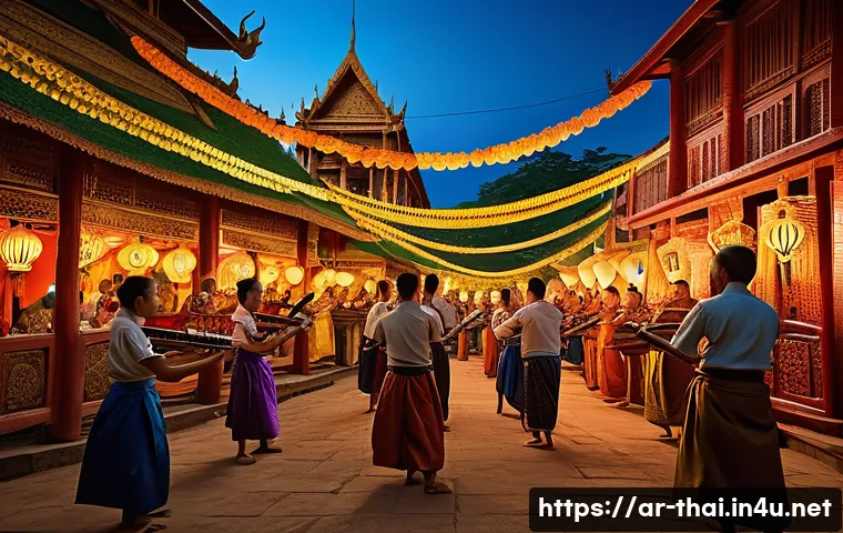 태국의 전통 음악학 - A vibrant scene of a traditional Thai music festival in a local village, featuring musicians playing...