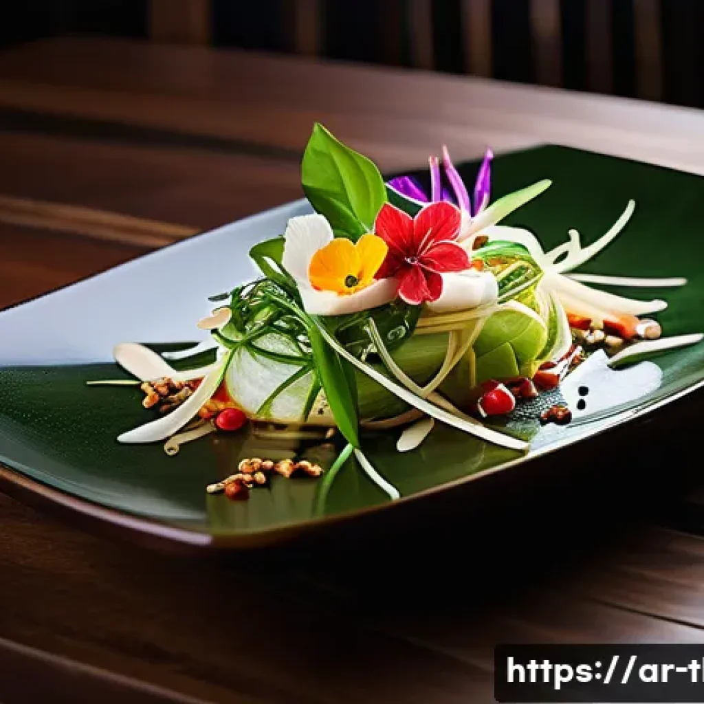 태국의 고급 요리 트렌드 - A luxurious Thai fine dining dish artfully plated on a handcrafted ceramic plate, featuring vibrant ...