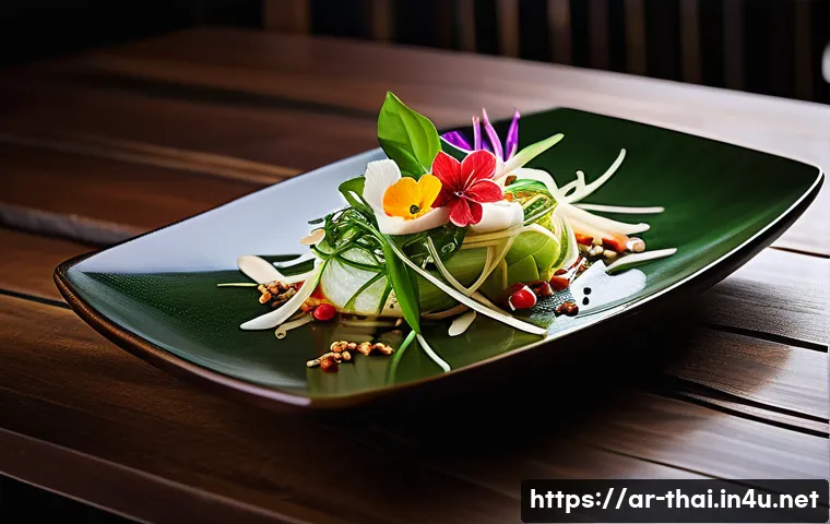 태국의 고급 요리 트렌드 - A luxurious Thai fine dining dish artfully plated on a handcrafted ceramic plate, featuring vibrant ...