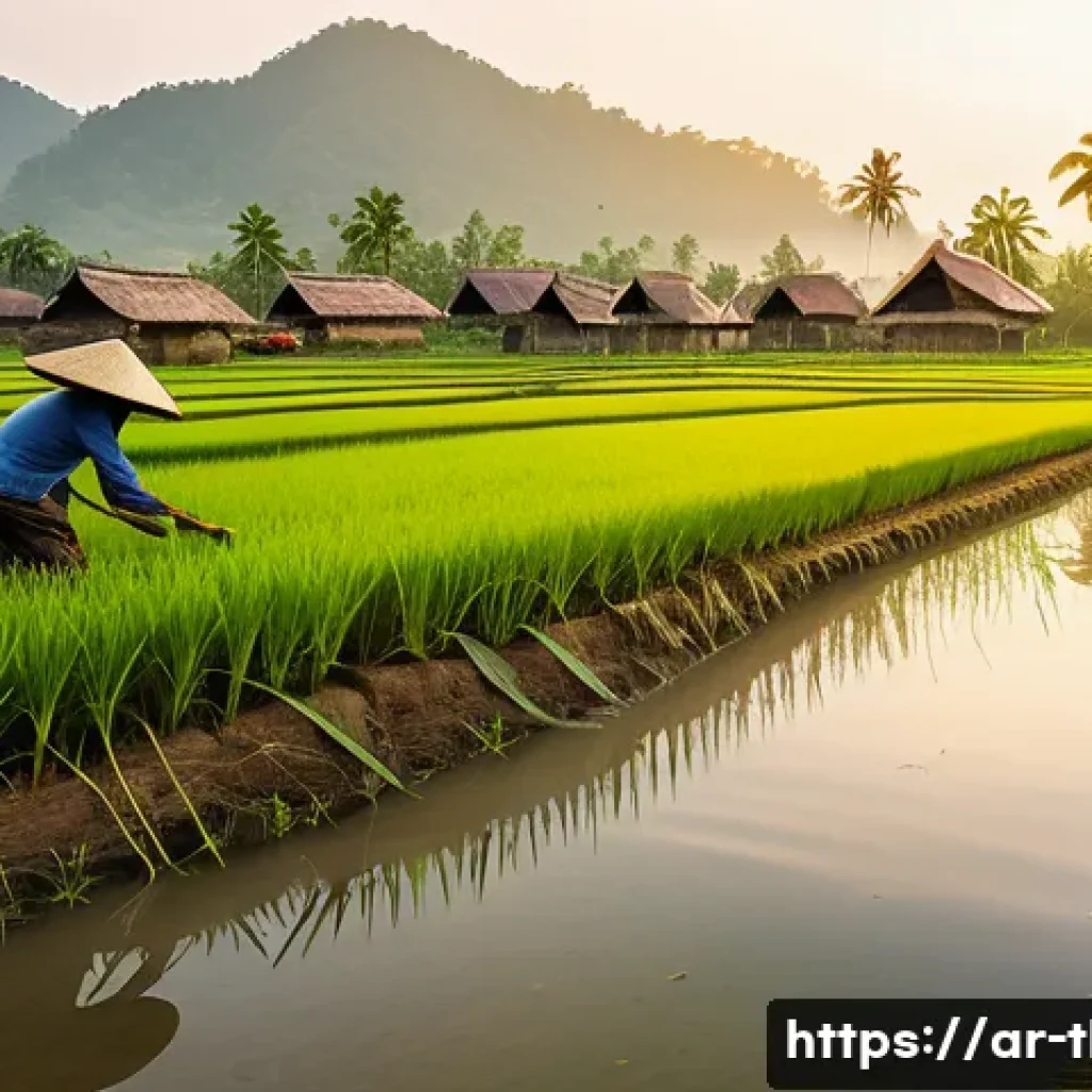 태국의 농촌 체험 마케팅 - A serene rural Thai village scene during rice planting season at dawn, featuring local farmers weari...