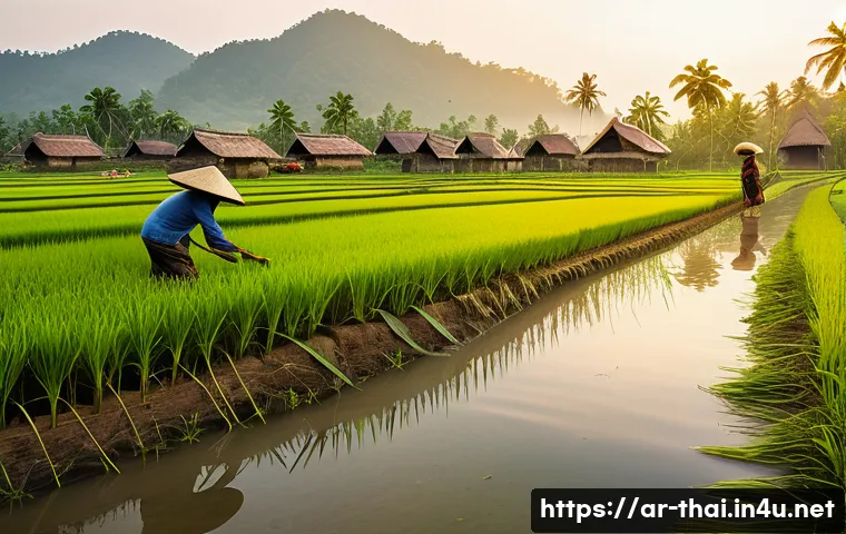 태국의 농촌 체험 마케팅 - A serene rural Thai village scene during rice planting season at dawn, featuring local farmers weari...