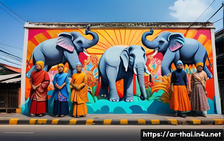 태국의 예술과 정치 - A vibrant mural in an urban Thai setting depicting political resistance through colorful street art....