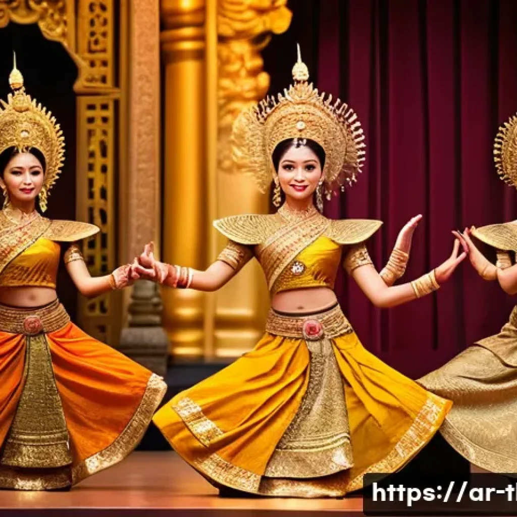 태국 전통 무용 - A traditional Thai royal dance performance set in an ornate palace interior, featuring dancers weari...
