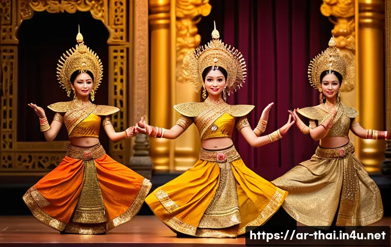 태국 전통 무용 - A traditional Thai royal dance performance set in an ornate palace interior, featuring dancers weari...