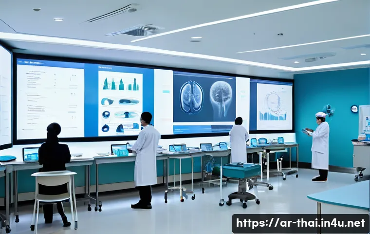 태국의 의료 교육 - A modern Thai medical university classroom with diverse students engaged in both theoretical lecture...