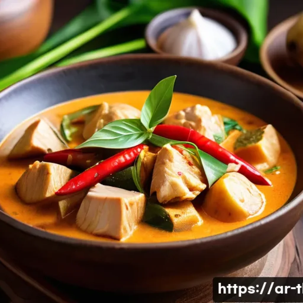태국식 카레 만들기 - A vibrant, close-up image of a traditional Thai red curry dish in a rustic ceramic bowl, featuring t...