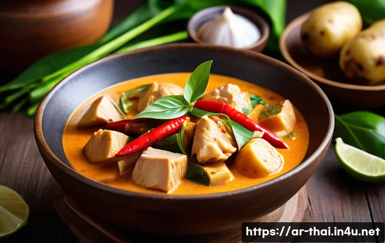 태국식 카레 만들기 - A vibrant, close-up image of a traditional Thai red curry dish in a rustic ceramic bowl, featuring t...