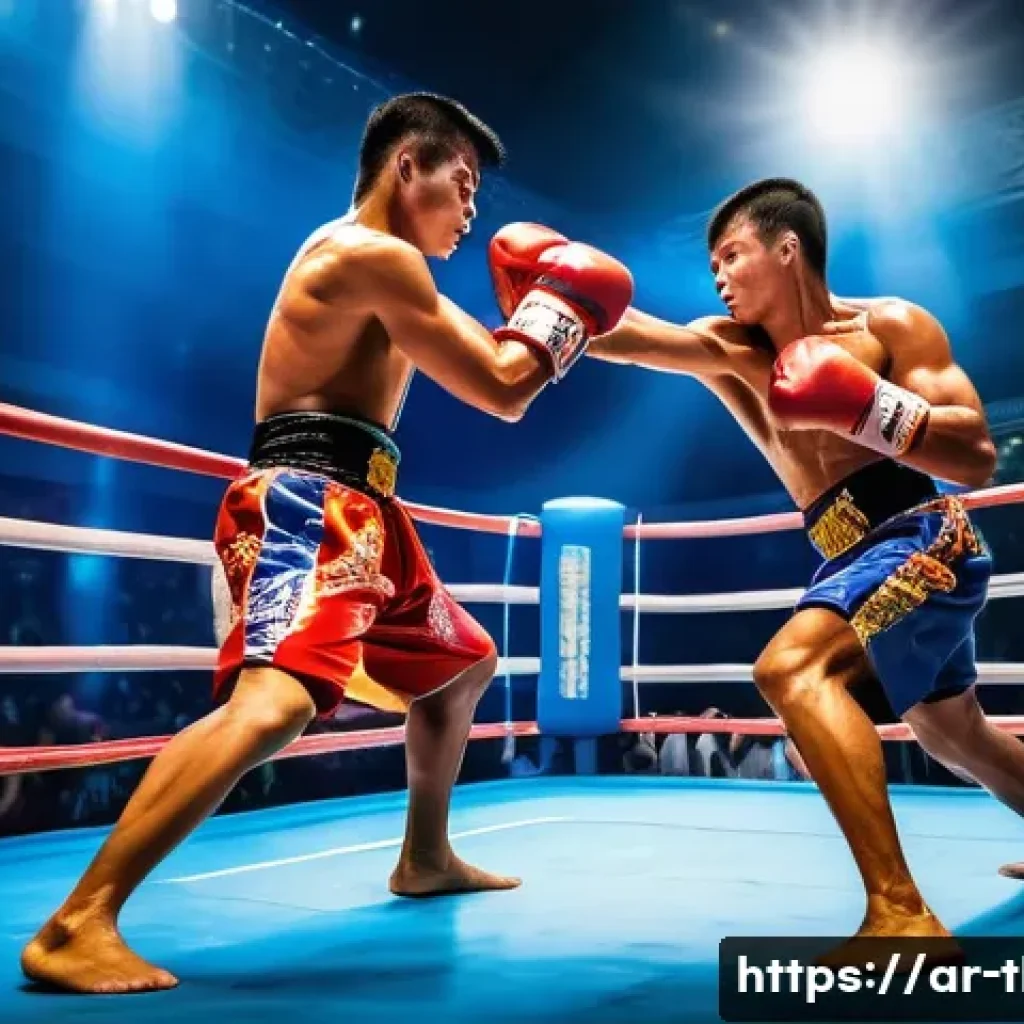 태국의 글로벌 스포츠 커뮤니티 - A vibrant scene of a traditional Muay Thai boxing match in Bangkok, featuring two adult athletes wea...