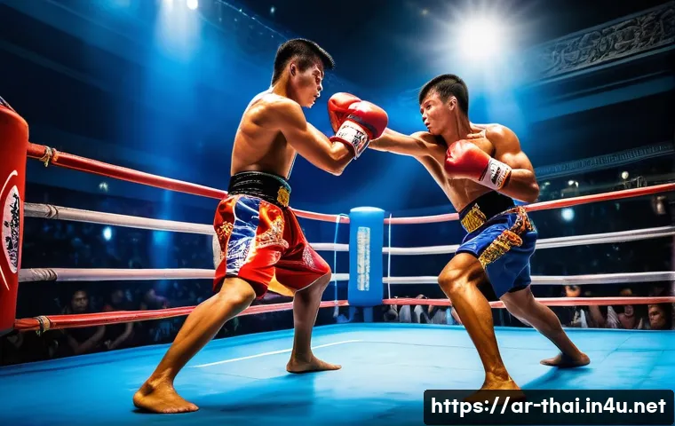 태국의 글로벌 스포츠 커뮤니티 - A vibrant scene of a traditional Muay Thai boxing match in Bangkok, featuring two adult athletes wea...
