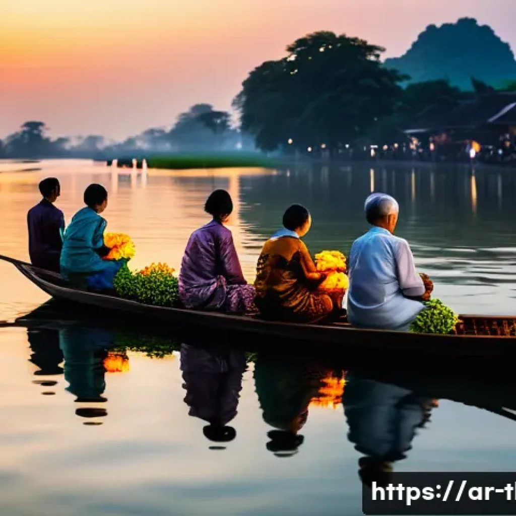 태국의 새로운 여행 트렌드 - A vibrant scene at a traditional Thai cultural festival like Loy Krathong, featuring a diverse group...