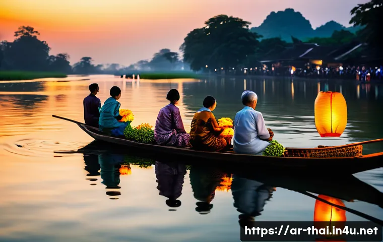 태국의 새로운 여행 트렌드 - A vibrant scene at a traditional Thai cultural festival like Loy Krathong, featuring a diverse group...