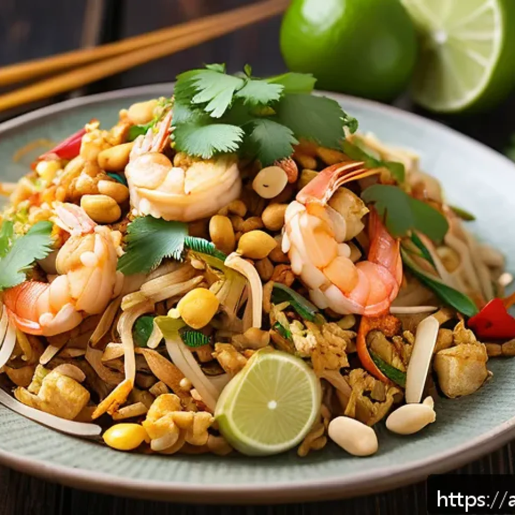 태국 전통 음식 - A vibrant and detailed close-up of a traditional Thai Pad Thai dish served on a rustic wooden table,...