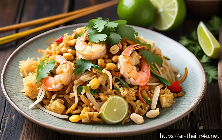 태국 전통 음식 - A vibrant and detailed close-up of a traditional Thai Pad Thai dish served on a rustic wooden table,...