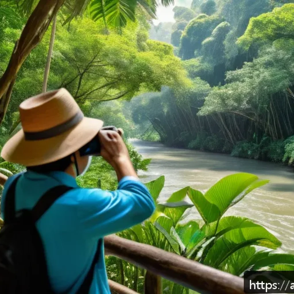 태국 여행과 ESG 관광 - A vibrant tropical forest scene in Thailand featuring a local wildlife guide leading a diverse group...