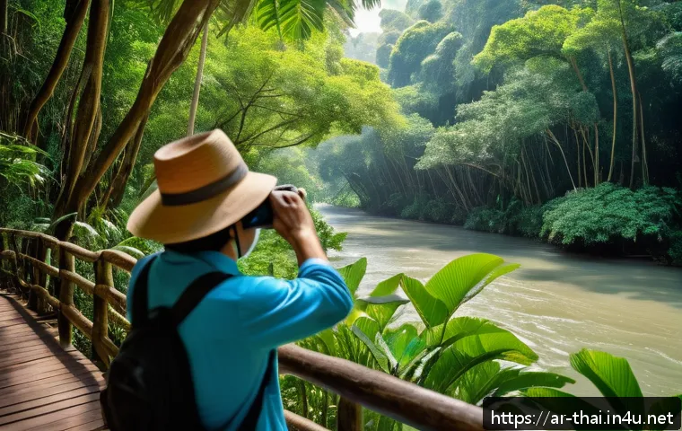 태국 여행과 ESG 관광 - A vibrant tropical forest scene in Thailand featuring a local wildlife guide leading a diverse group...