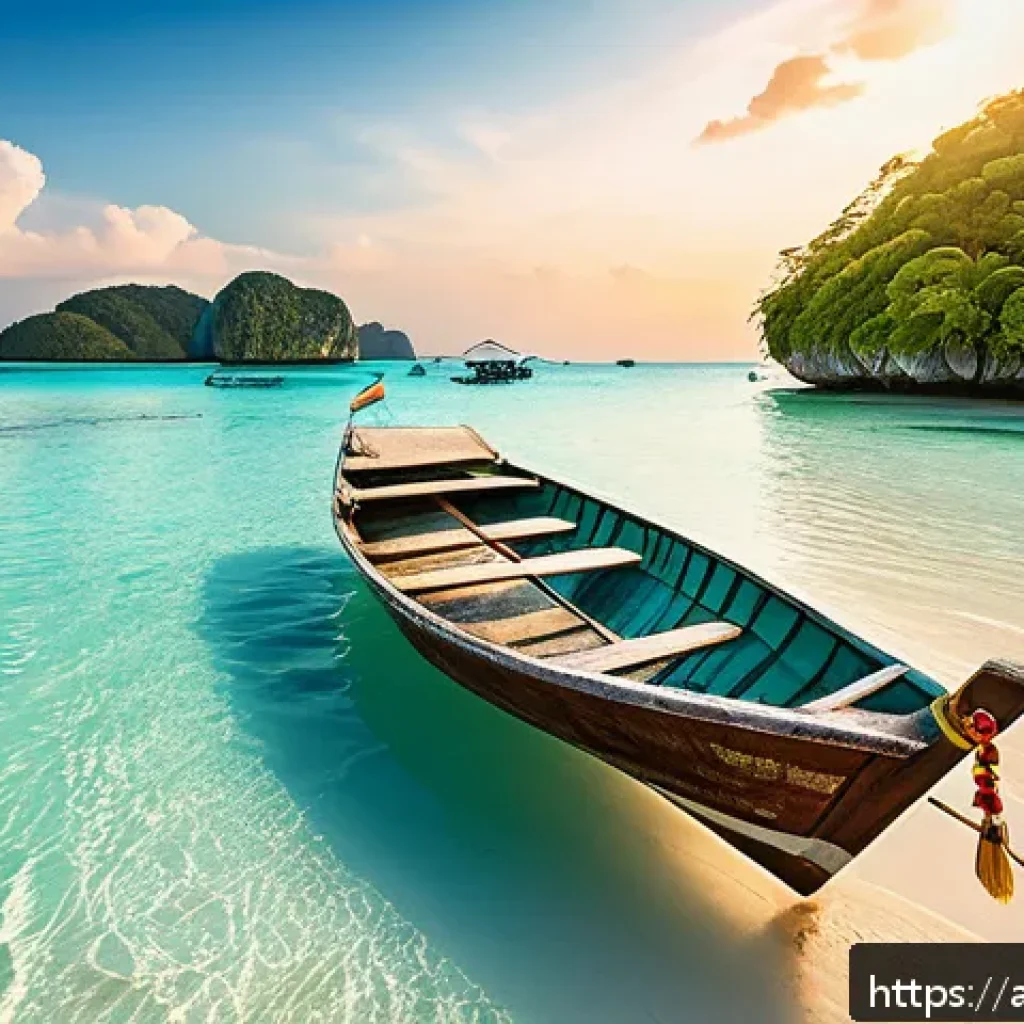태국의 크루즈 여행지 - A serene scene of a small wooden boat navigating through the turquoise waters of the Muang Archipela...