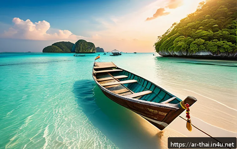 태국의 크루즈 여행지 - A serene scene of a small wooden boat navigating through the turquoise waters of the Muang Archipela...
