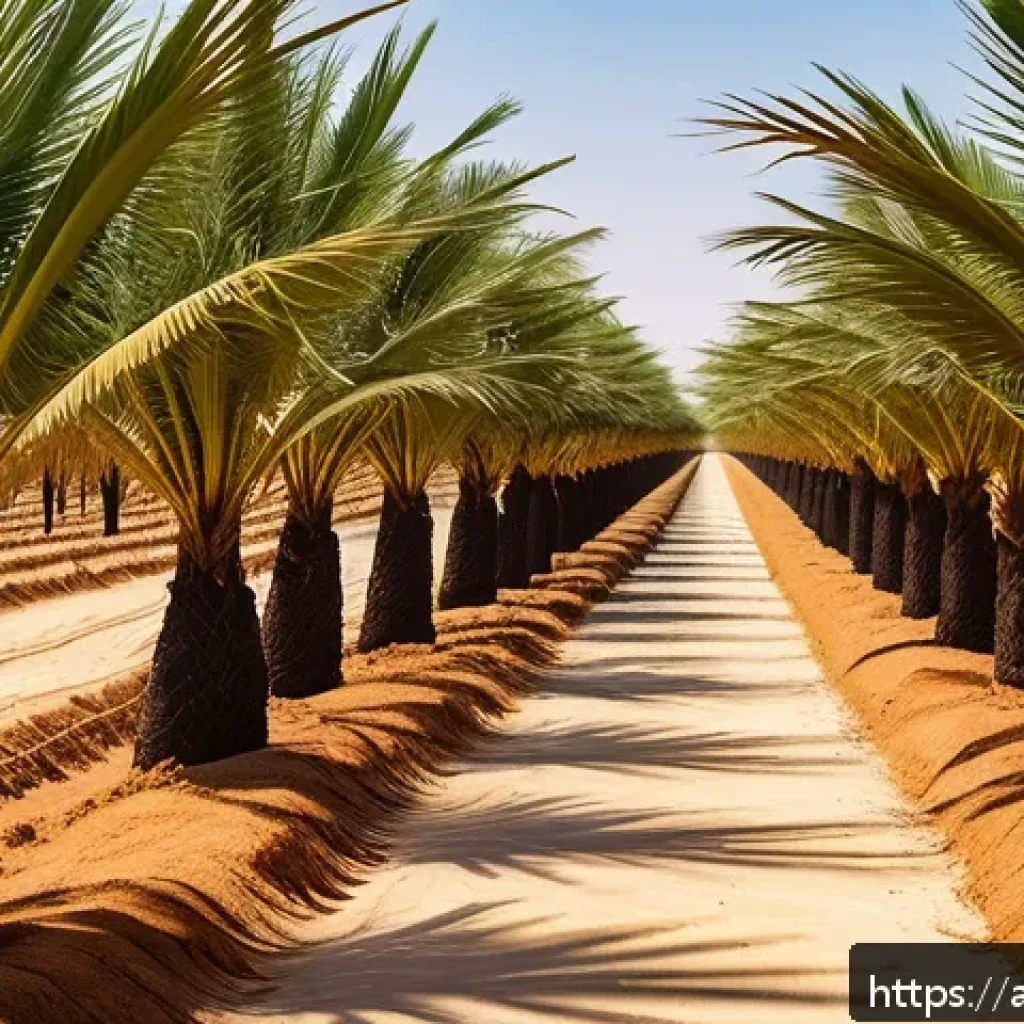 태국의 코코넛 산업 - A detailed scene of a modern coconut farm in an arid Middle Eastern landscape, showcasing advanced d...