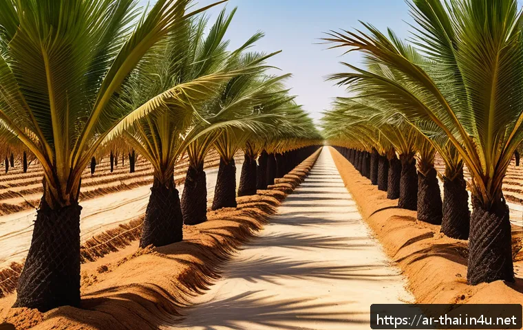 태국의 코코넛 산업 - A detailed scene of a modern coconut farm in an arid Middle Eastern landscape, showcasing advanced d...