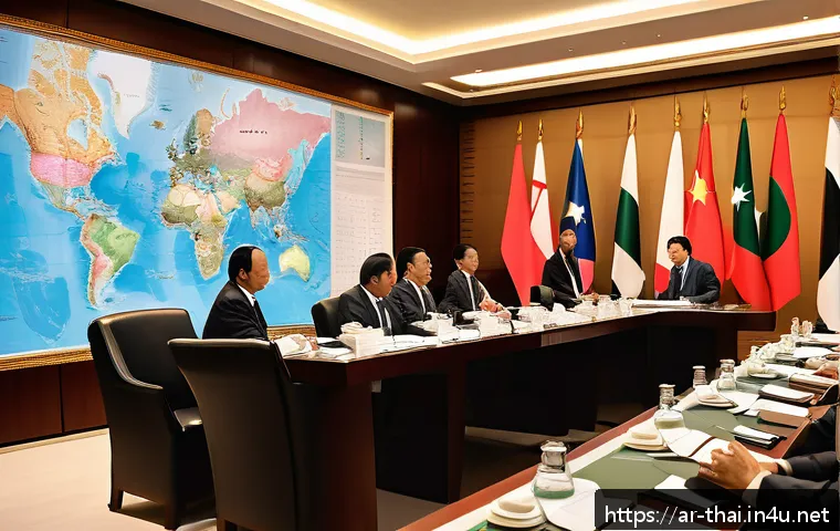 태국의 군사 쿠데타 - A detailed scene depicting a diplomatic meeting between Asian political leaders from Thailand, Vietn...