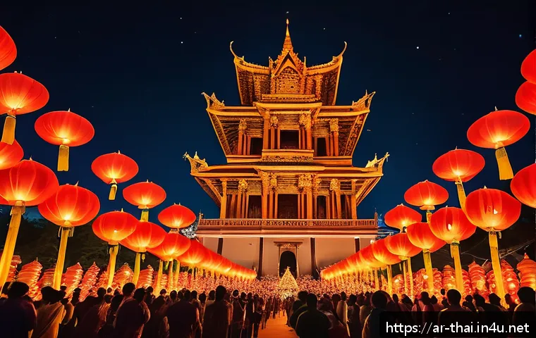 태국에서 자주 열리는 축제 - A vibrant night scene of the Yi Peng Lantern Festival in Chiang Mai, Thailand, showing hundreds of g...